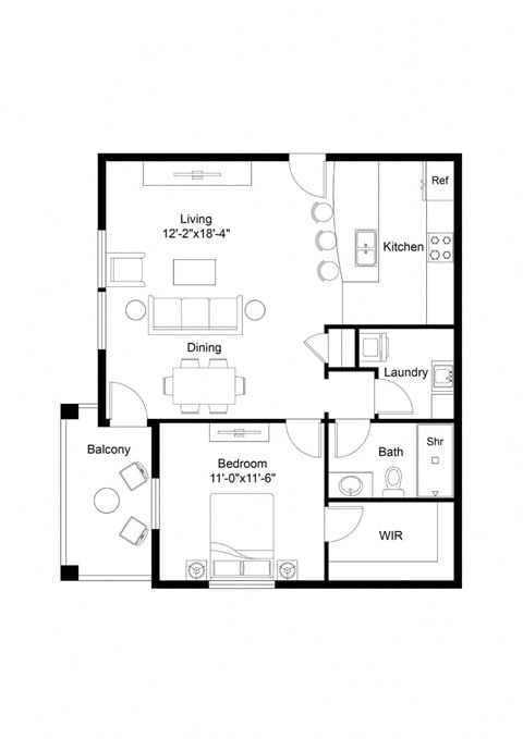 Floor plan for 1 bed, 1 bath, 719 sqft